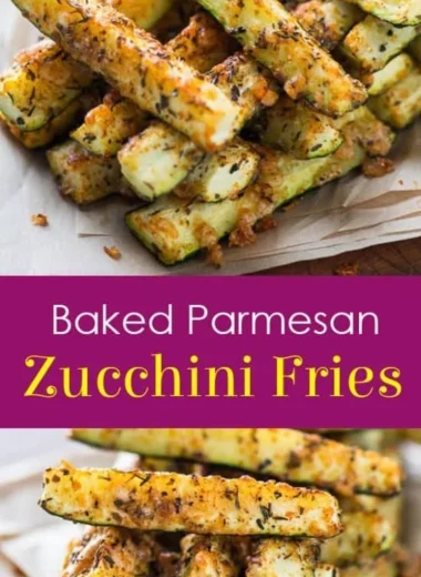 Baked Parmesan Zucchini Fries on a plate, crispy and golden brown