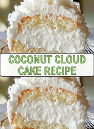 Delicious Coconut Cloud Cake topped with coconut flakes and whipped cream