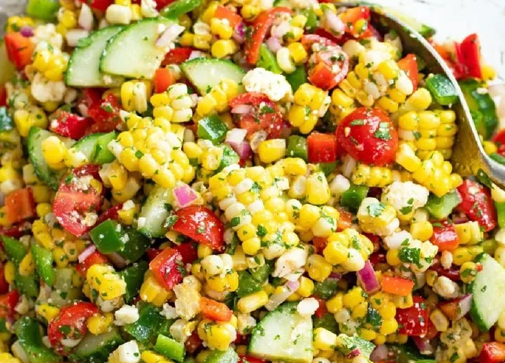 Fresh corn salad with colorful vegetables and dressing on a plate