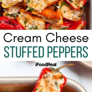 Cream cheese stuffed mini peppers arranged on a plate