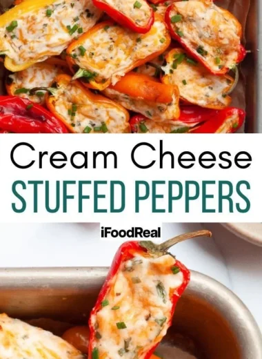 Cream cheese stuffed mini peppers arranged on a plate