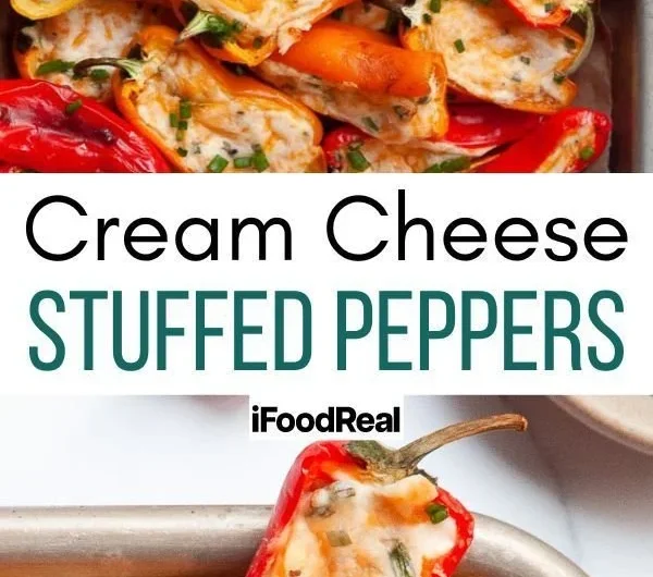 Cream cheese stuffed mini peppers arranged on a plate