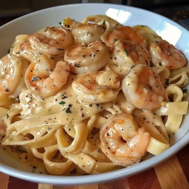 Creamy shrimp fettuccine pasta topped with homemade Alfredo sauce.