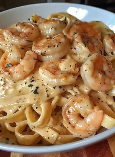 Creamy shrimp fettuccine pasta topped with homemade Alfredo sauce.