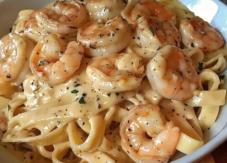 Creamy shrimp fettuccine pasta topped with homemade Alfredo sauce.