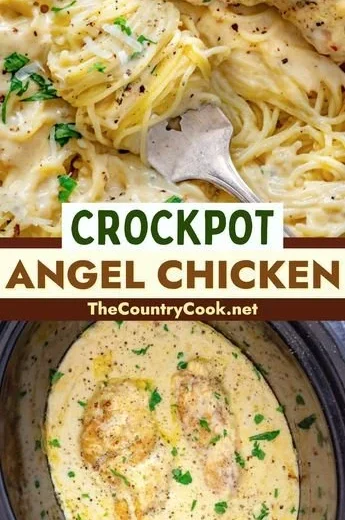 Crock Pot Angel Chicken recipe served in a bowl with fresh herbs on top.
