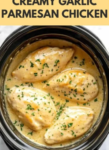 Crockpot Creamy Garlic Parmesan Chicken dish served with herbs