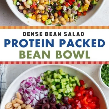 High protein vegetarian salad with colorful vegetables and legumes.