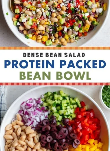 High protein vegetarian salad with colorful vegetables and legumes.