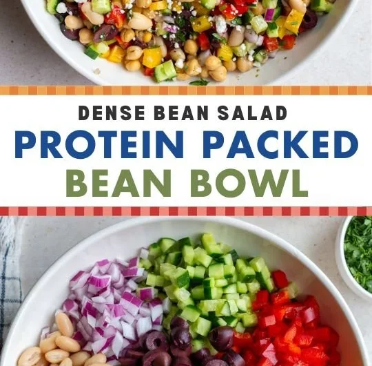 High protein vegetarian salad with colorful vegetables and legumes.