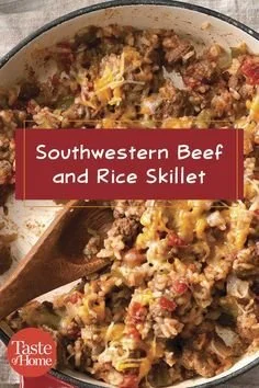 Loaded Beef and Rice Skillet with vegetables in a frying pan