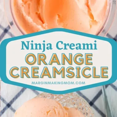 Bowl of homemade Ninja Creami orange ice cream served with orange slices.