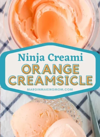 Bowl of homemade Ninja Creami orange ice cream served with orange slices.