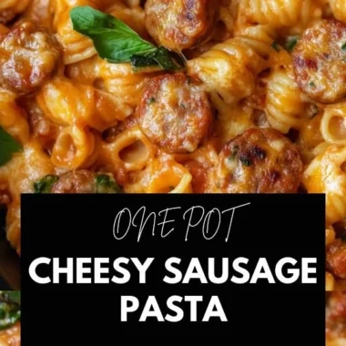 One pot cheesy sausage pasta dish garnished with herbs