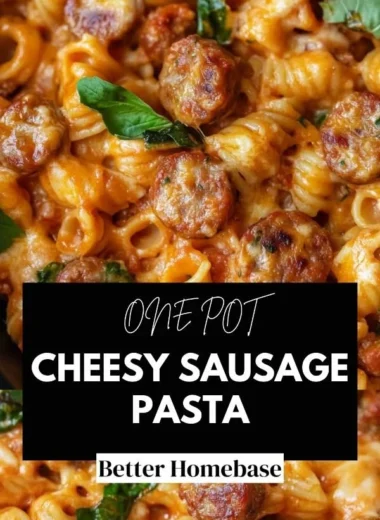 One pot cheesy sausage pasta dish garnished with herbs