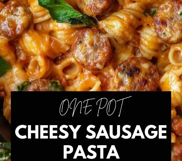 One pot cheesy sausage pasta dish garnished with herbs