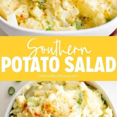 Creamy Southern potato salad with eggs and celery in a serving bowl