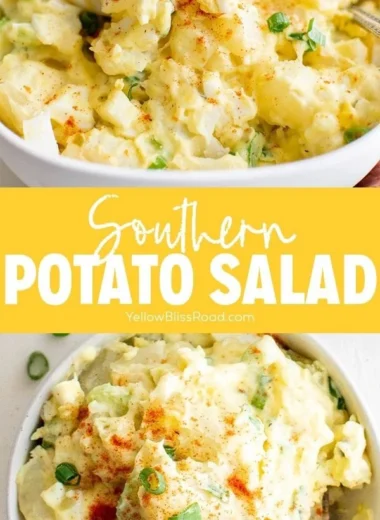 Creamy Southern potato salad with eggs and celery in a serving bowl