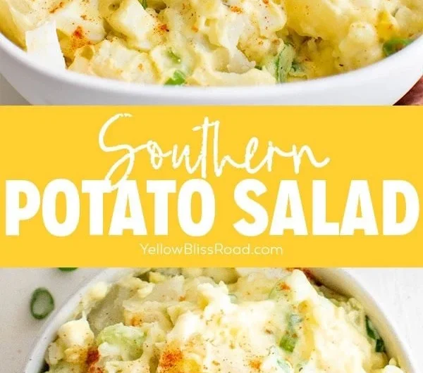 Creamy Southern potato salad with eggs and celery in a serving bowl