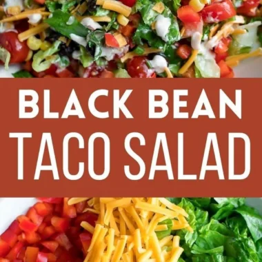 Colorful vegetarian black bean taco salad with fresh vegetables and toppings.