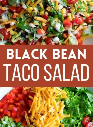 Colorful vegetarian black bean taco salad with fresh vegetables and toppings.