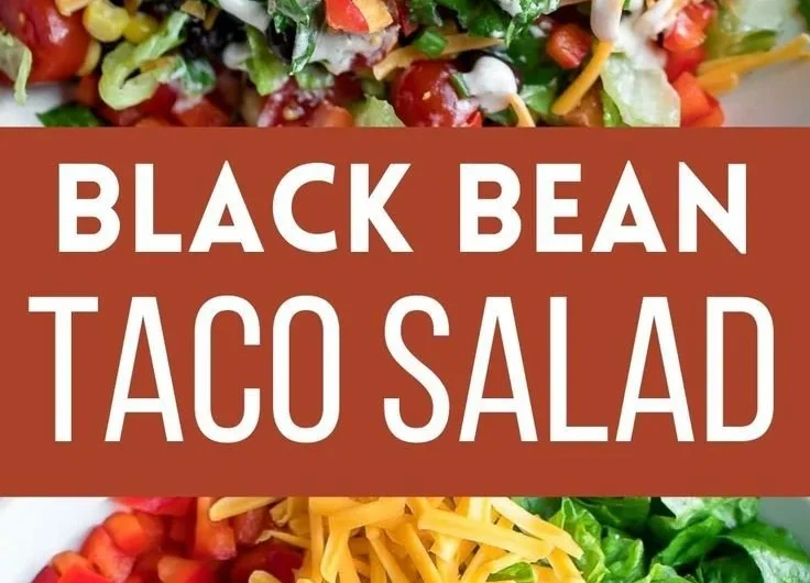 Colorful vegetarian black bean taco salad with fresh vegetables and toppings.