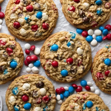 Colorful 4th of July Monster Cookies with sprinkles and M&Ms