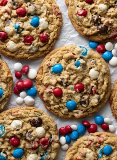 Colorful 4th of July Monster Cookies with sprinkles and M&Ms