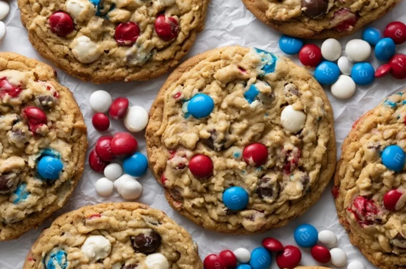 Colorful 4th of July Monster Cookies with sprinkles and M&Ms