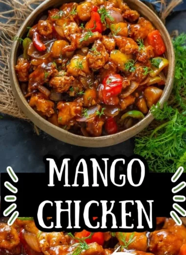 Delicious Asian Mango Chicken dish garnished with fresh herbs