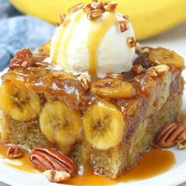 Deliciously baked Banana Upside Down Cake with caramelized bananas on top.