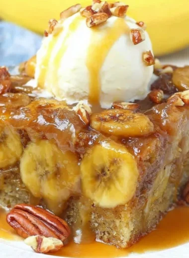 Deliciously baked Banana Upside Down Cake with caramelized bananas on top.