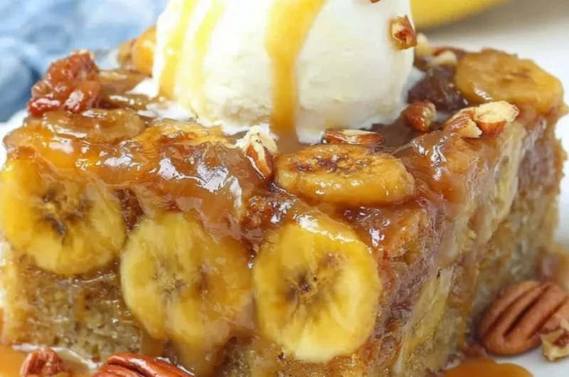 Deliciously baked Banana Upside Down Cake with caramelized bananas on top.
