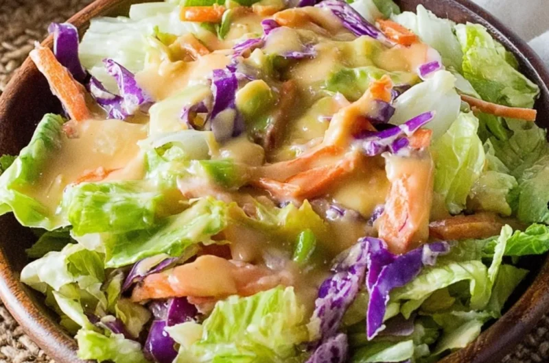 A bowl of fresh salad drizzled with Benihana Ginger Salad Dressing.