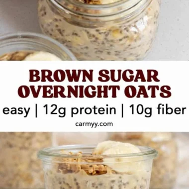 Bowl of brown sugar overnight oats topped with fresh fruit and nuts