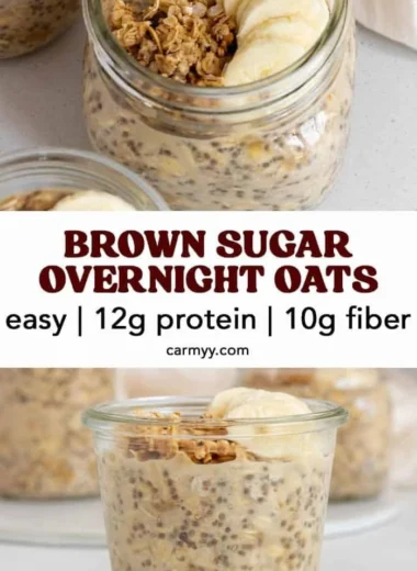 Bowl of brown sugar overnight oats topped with fresh fruit and nuts