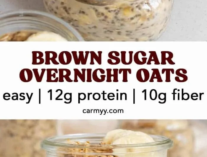 Bowl of brown sugar overnight oats topped with fresh fruit and nuts