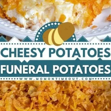 Delicious and creamy cheesy potatoes served in a baking dish
