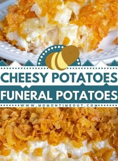 Delicious and creamy cheesy potatoes served in a baking dish