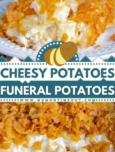 Delicious and creamy cheesy potatoes served in a baking dish