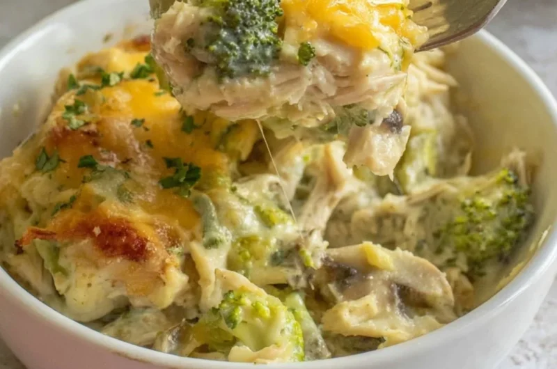 Cheesy Turkey Broccoli Casserole topped with melted cheese and fresh broccoli