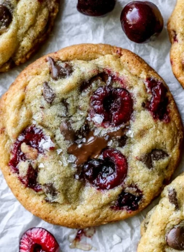 Batch of cherry chocolate chip cookies on a plate, garnished with cherries.