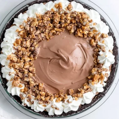 Chocolate Heath Pie with chocolate and toffee layers on a pie crust