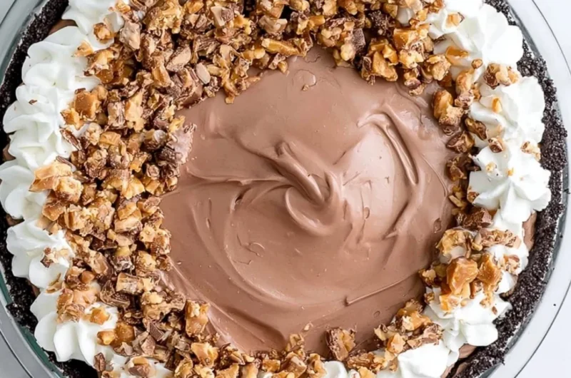 Chocolate Heath Pie with chocolate and toffee layers on a pie crust