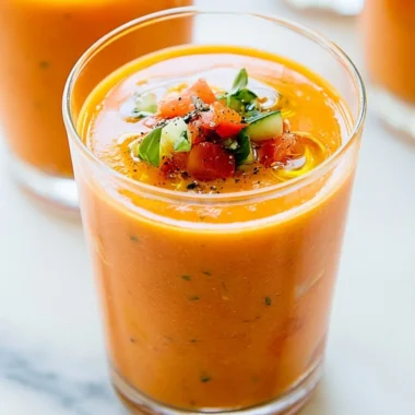 Bowl of classic gazpacho garnished with fresh vegetables and herbs