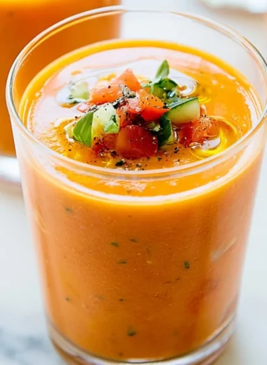 Bowl of classic gazpacho garnished with fresh vegetables and herbs