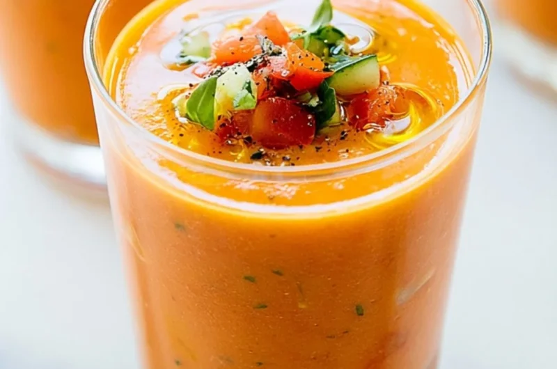 Bowl of classic gazpacho garnished with fresh vegetables and herbs