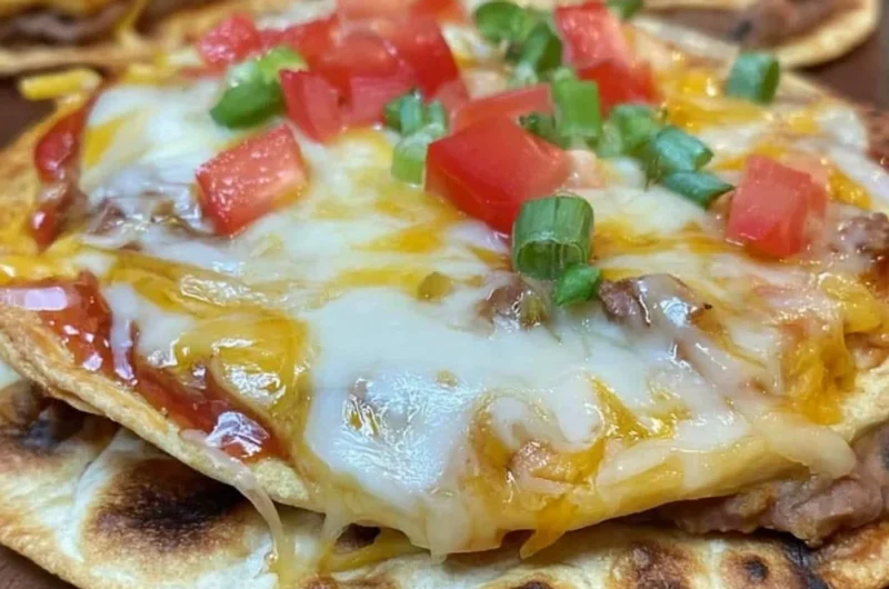 Delicious homemade Copy Cat Taco Bell Mexican Pizza topped with fresh ingredients