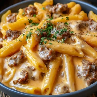Creamy beef pasta dish served in a bowl with fresh herbs and garnishes
