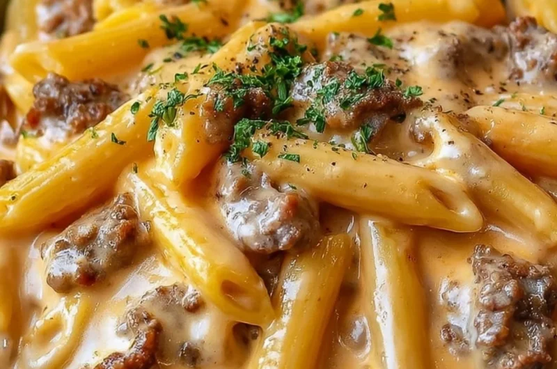 Creamy beef pasta dish served in a bowl with fresh herbs and garnishes